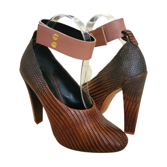 Celine Brown Lizard Platform Ankle Strap Heels Pumps 36.5 (US 6.5) Phoebe Philo - Picture 1 of 12